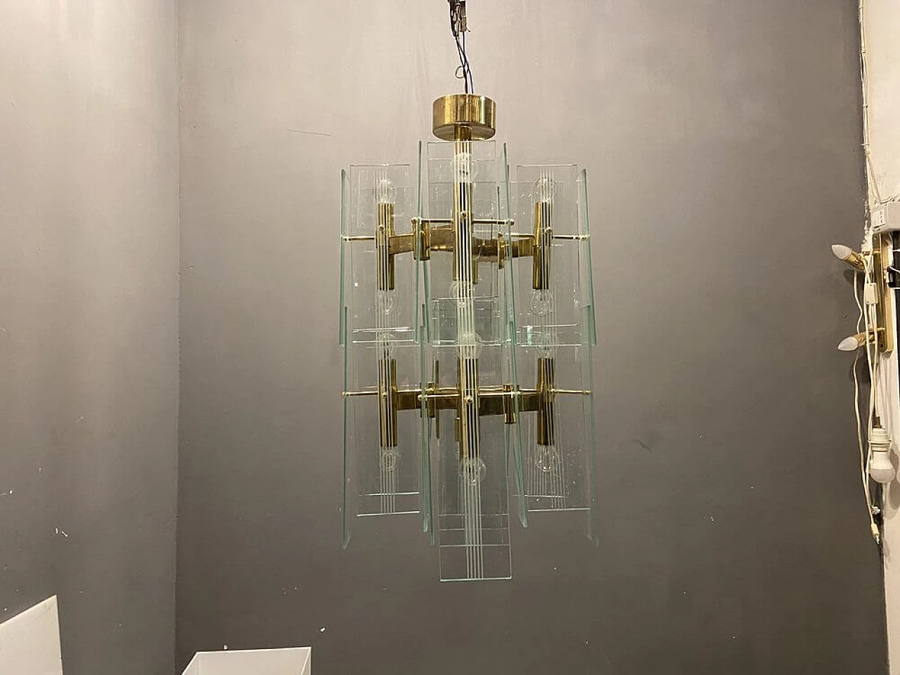 Lampadario in ottone e vetro di Gaetano Sciolari, anni '70 8