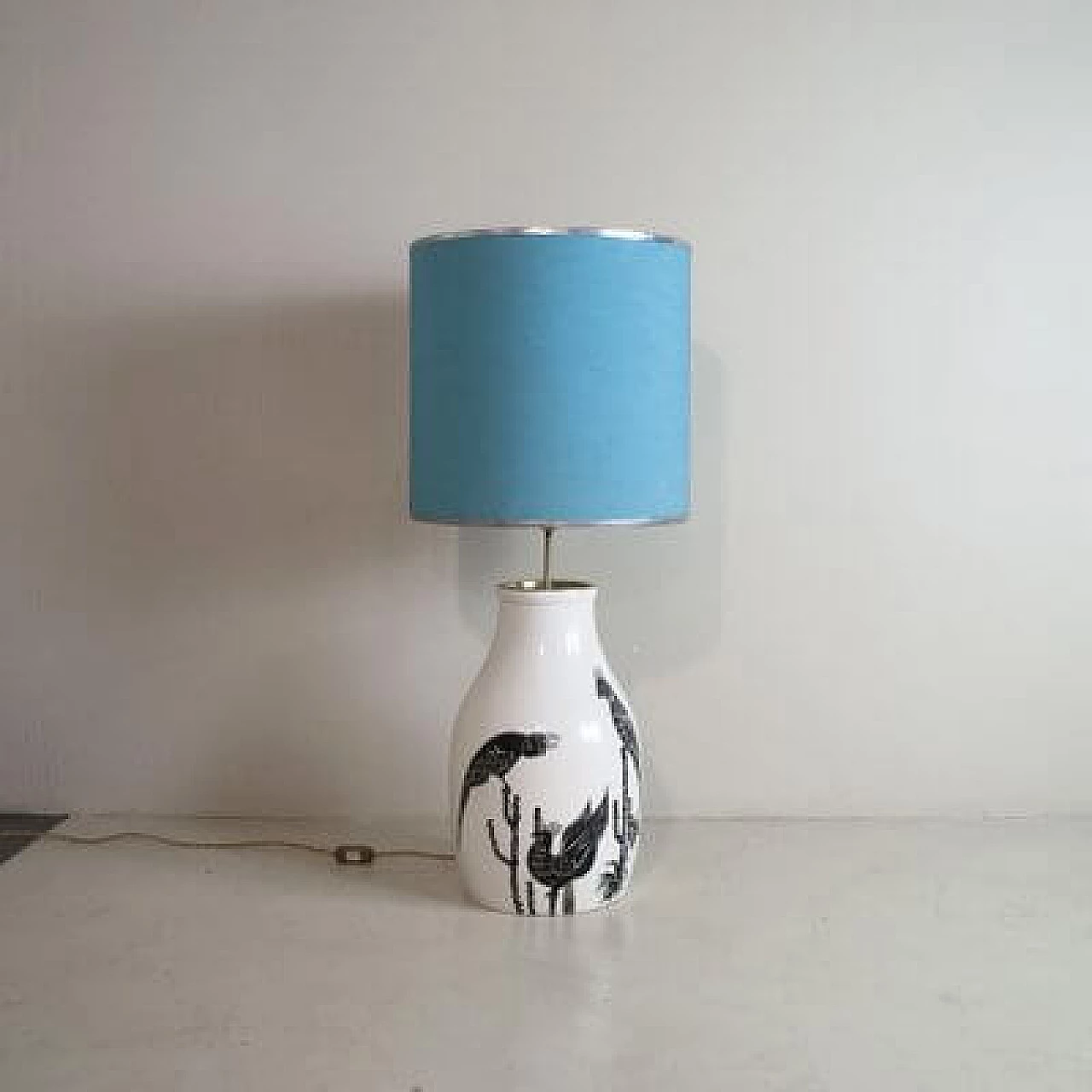 Glazed ceramic table lamp with light blue lampshade, 1960s 1