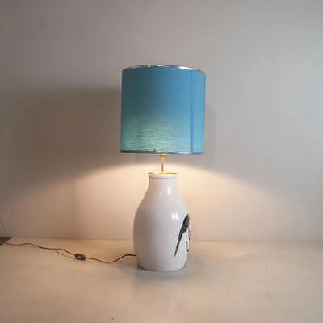 Glazed ceramic table lamp with light blue lampshade, 1960s 3