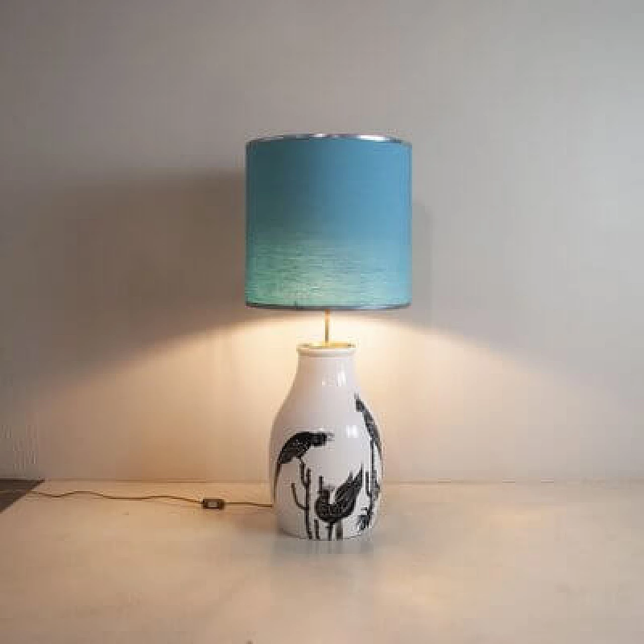 Glazed ceramic table lamp with light blue lampshade, 1960s 4