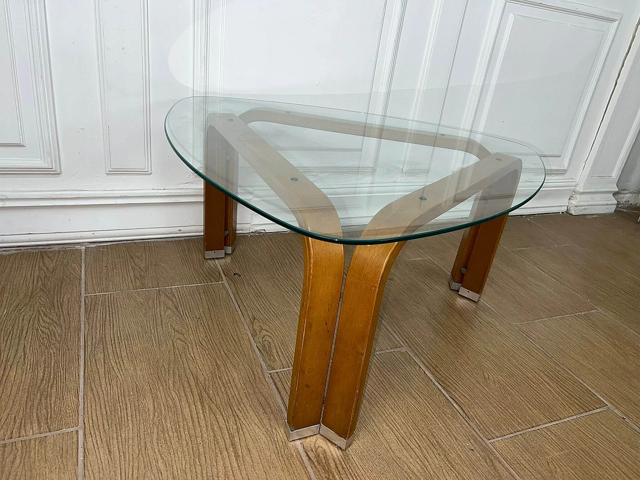 Sofa and pair of armchairs in leather and glass side table, 1960s 5