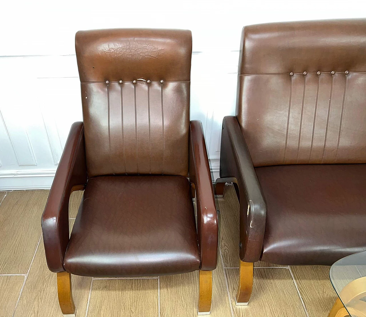 Sofa and pair of armchairs in leather and glass side table, 1960s 13