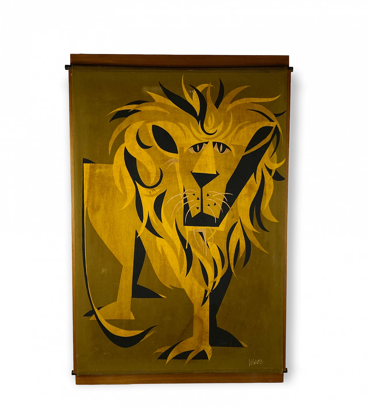 Pannello in legno ricoperto di tessuto raffigurante un leone, anni '60 1