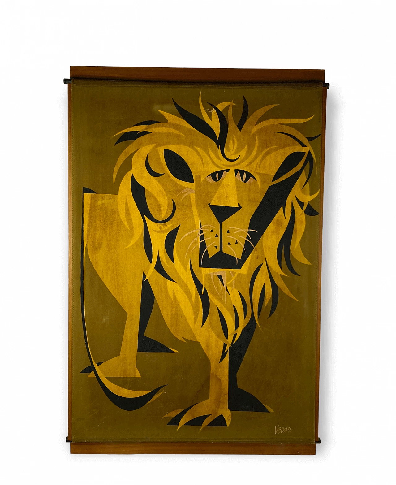 Pannello in legno ricoperto di tessuto raffigurante un leone, anni '60 2