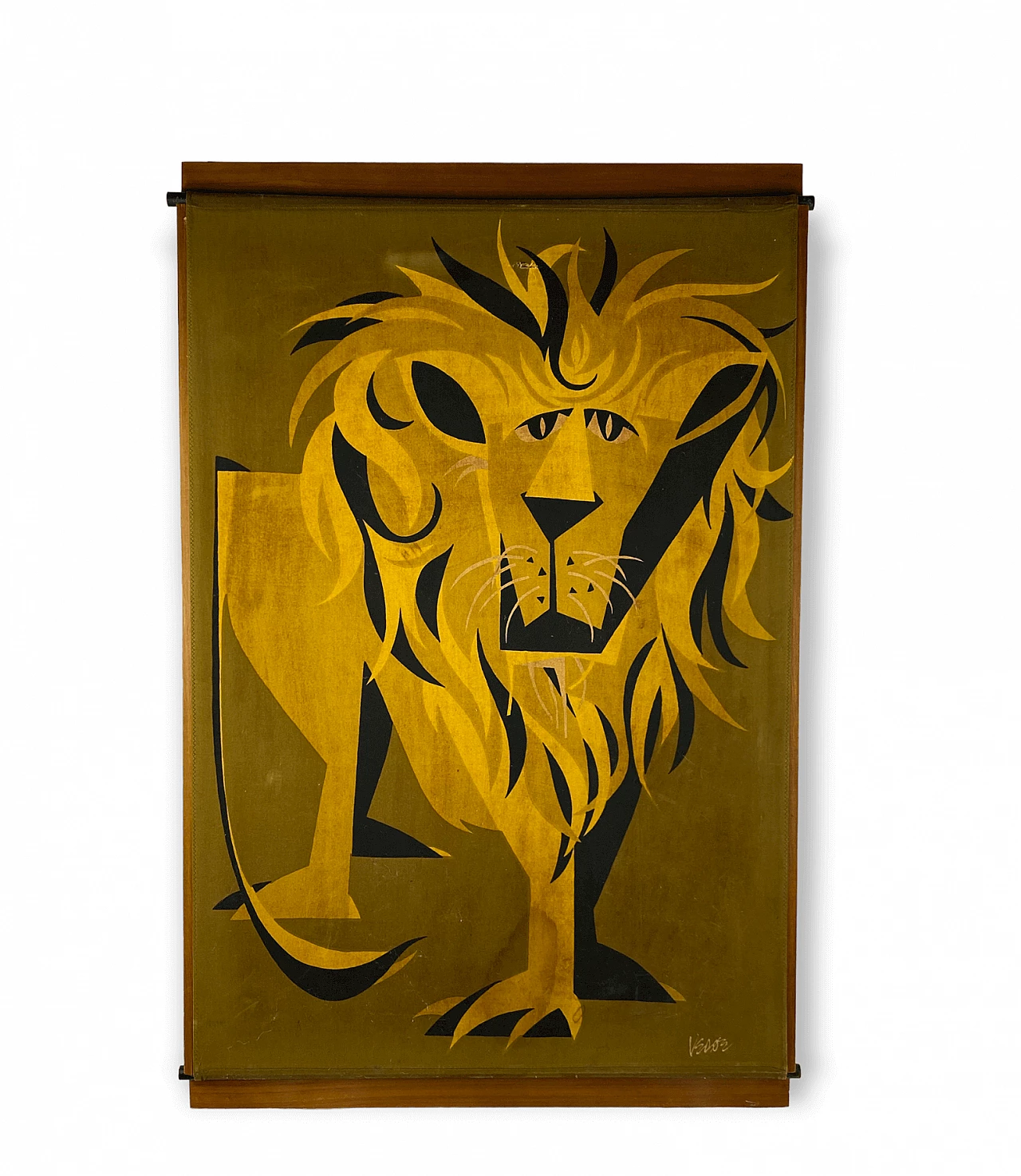 Pannello in legno ricoperto di tessuto raffigurante un leone, anni '60 3