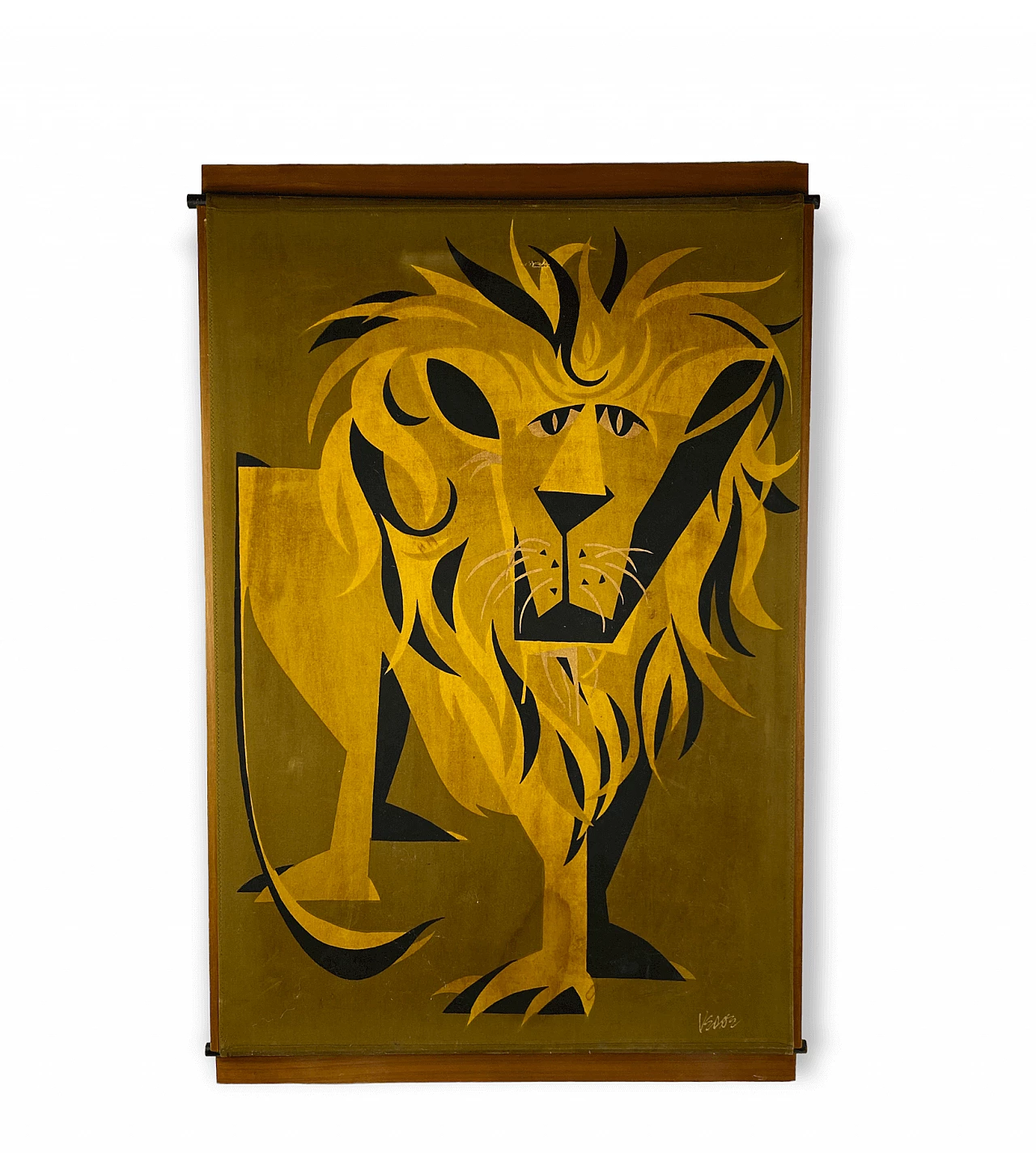 Pannello in legno ricoperto di tessuto raffigurante un leone, anni '60 4