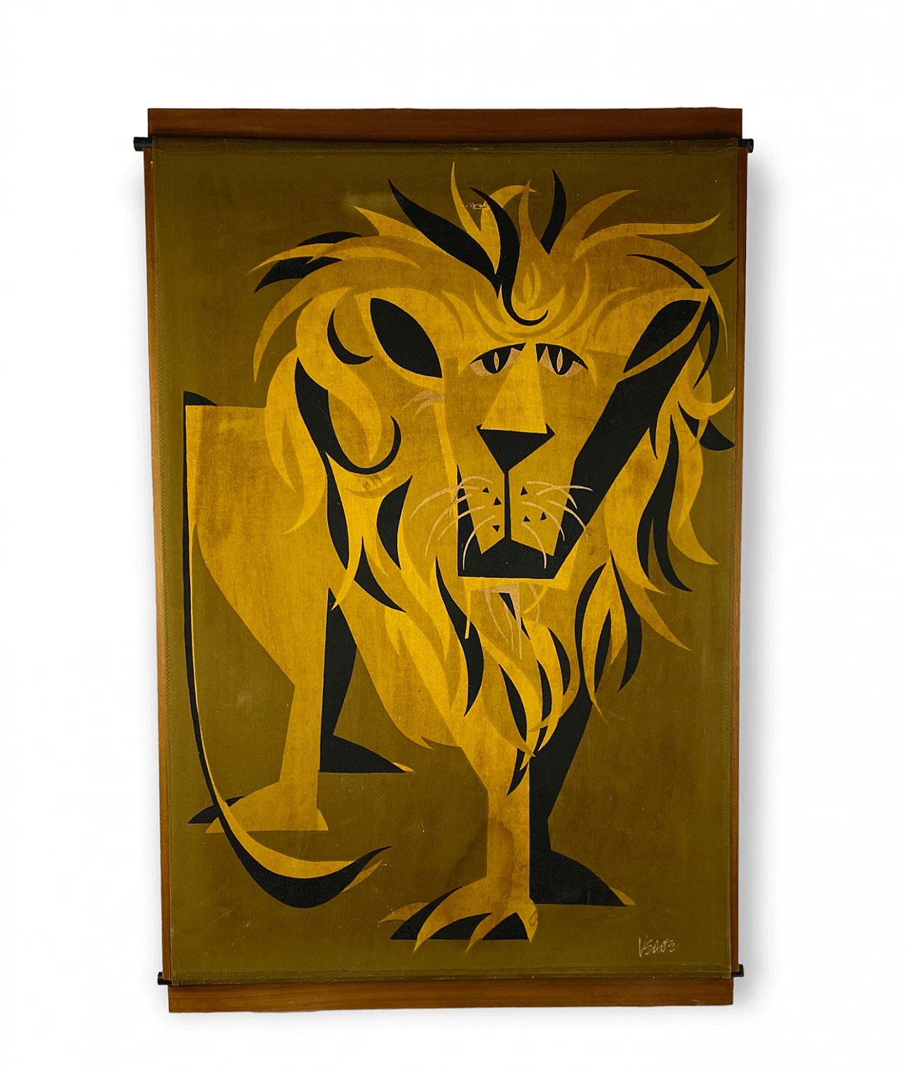 Pannello in legno ricoperto di tessuto raffigurante un leone, anni '60 6