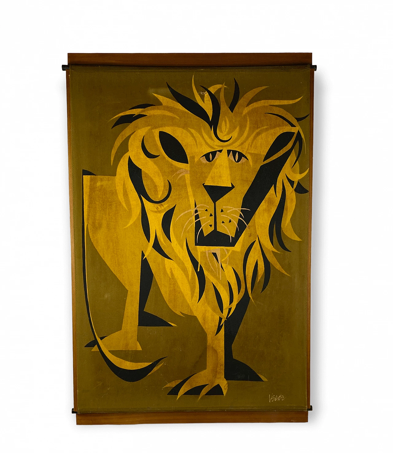 Pannello in legno ricoperto di tessuto raffigurante un leone, anni '60 7