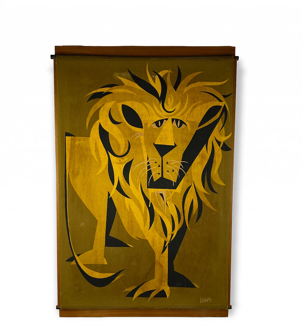 Pannello in legno ricoperto di tessuto raffigurante un leone, anni '60 12