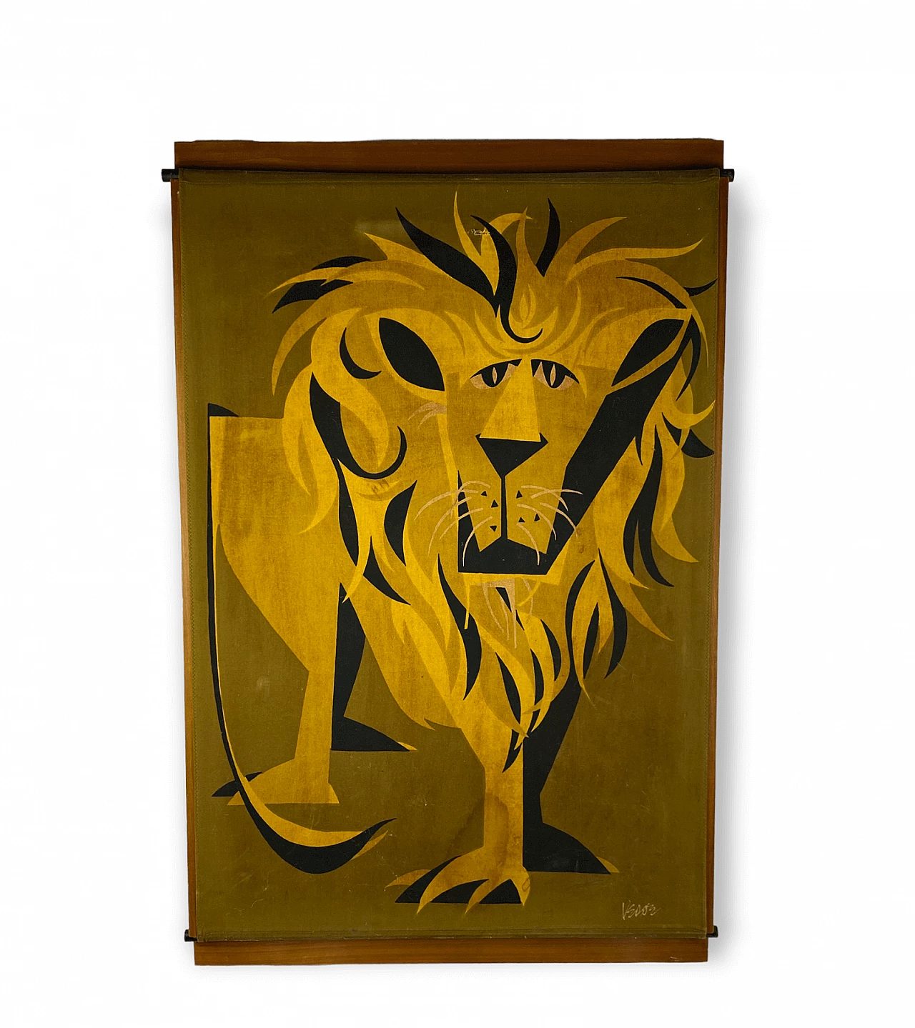 Pannello in legno ricoperto di tessuto raffigurante un leone, anni '60 13