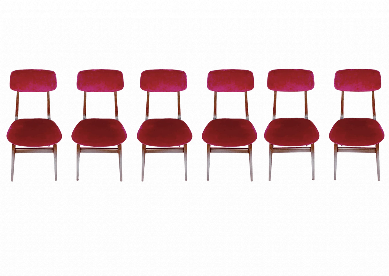 6 Scandinavian wood and burgundy velvet chairs, 1960s 7