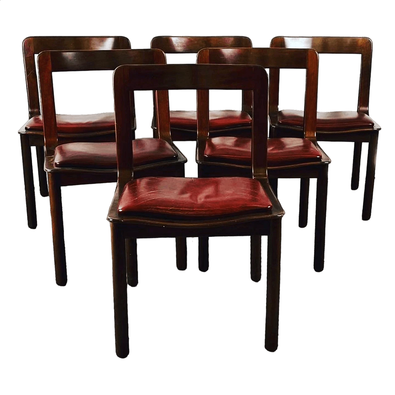 6 Chairs in walnut and burgundy leather, 1980s 6
