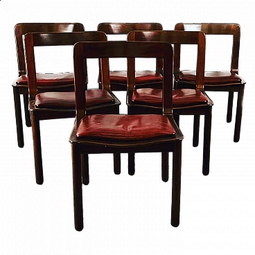 6 Chairs in walnut and burgundy leather, 1980s