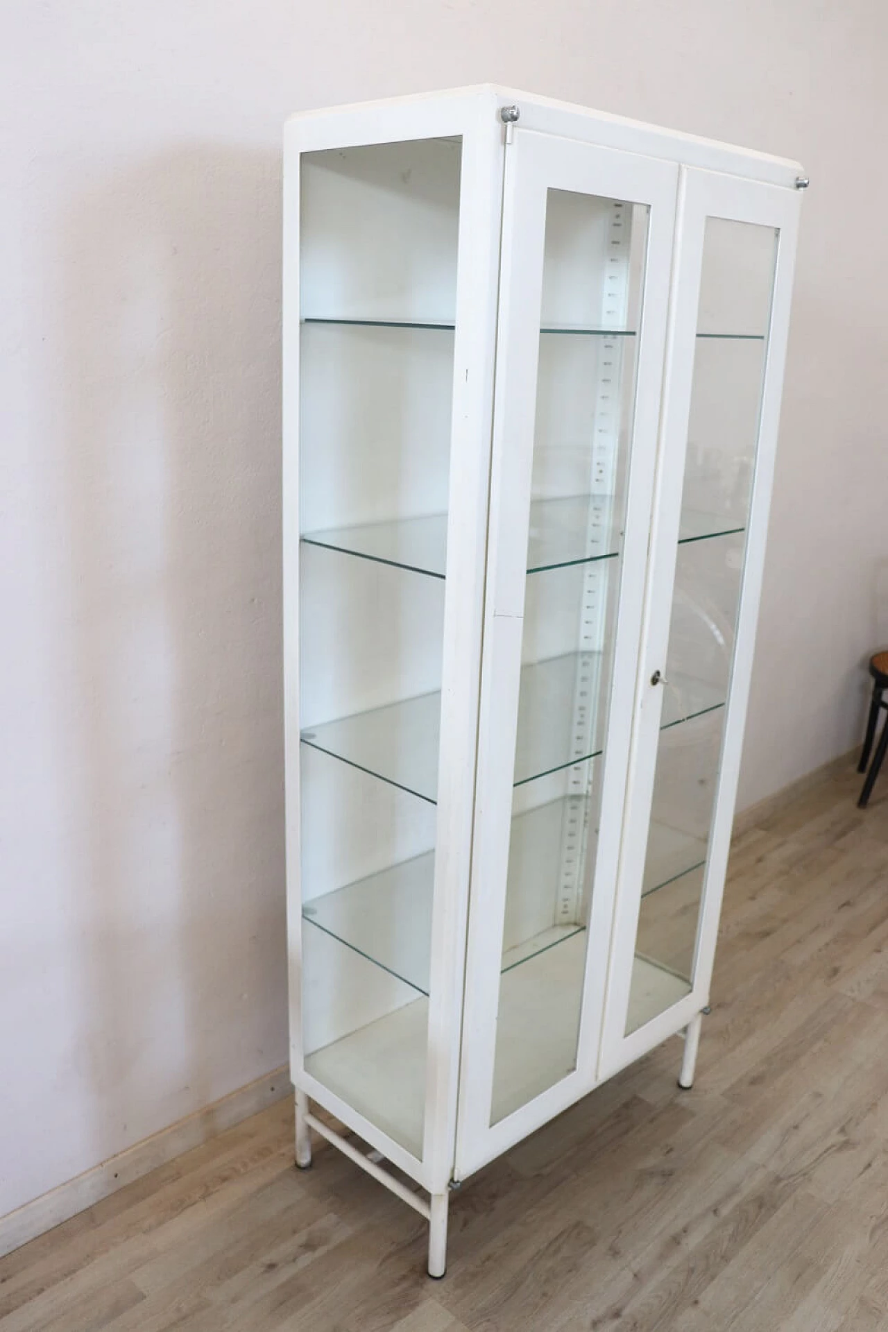 Medical practice glass cabinet in white lacquered metal, 1960s 5