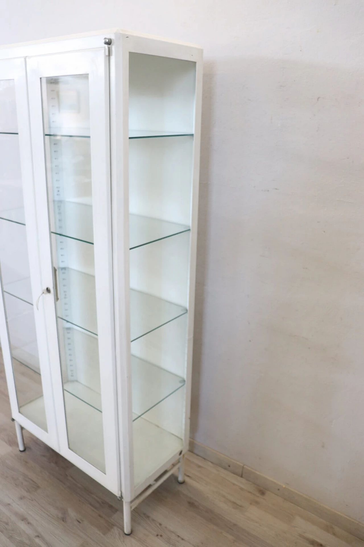 Medical practice glass cabinet in white lacquered metal, 1960s 6