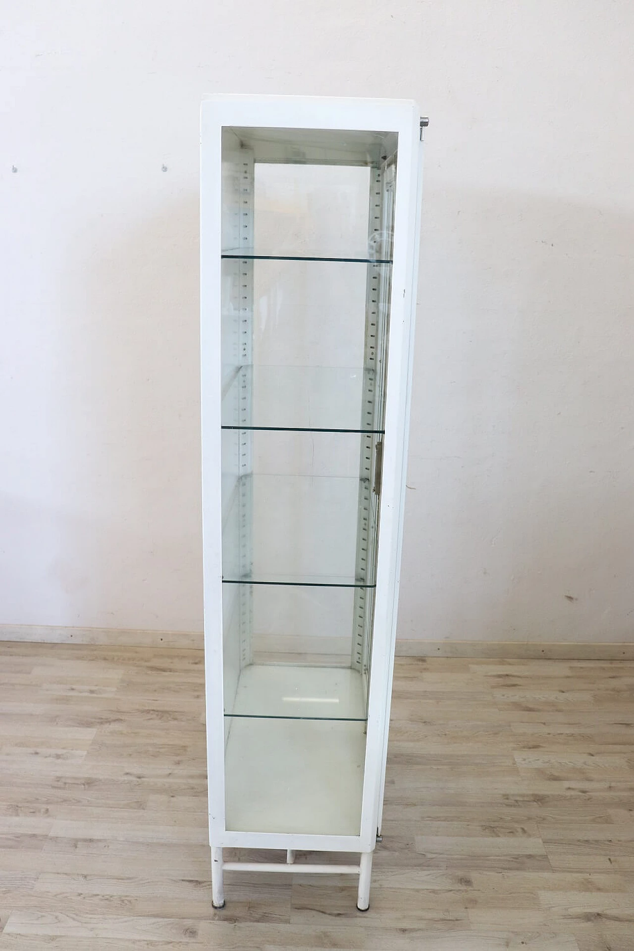 Medical practice glass cabinet in white lacquered metal, 1960s 9