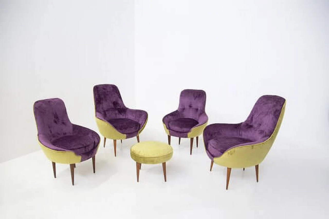 Coppia di poltrone in legno di velluto viola e verde, anni '50 10