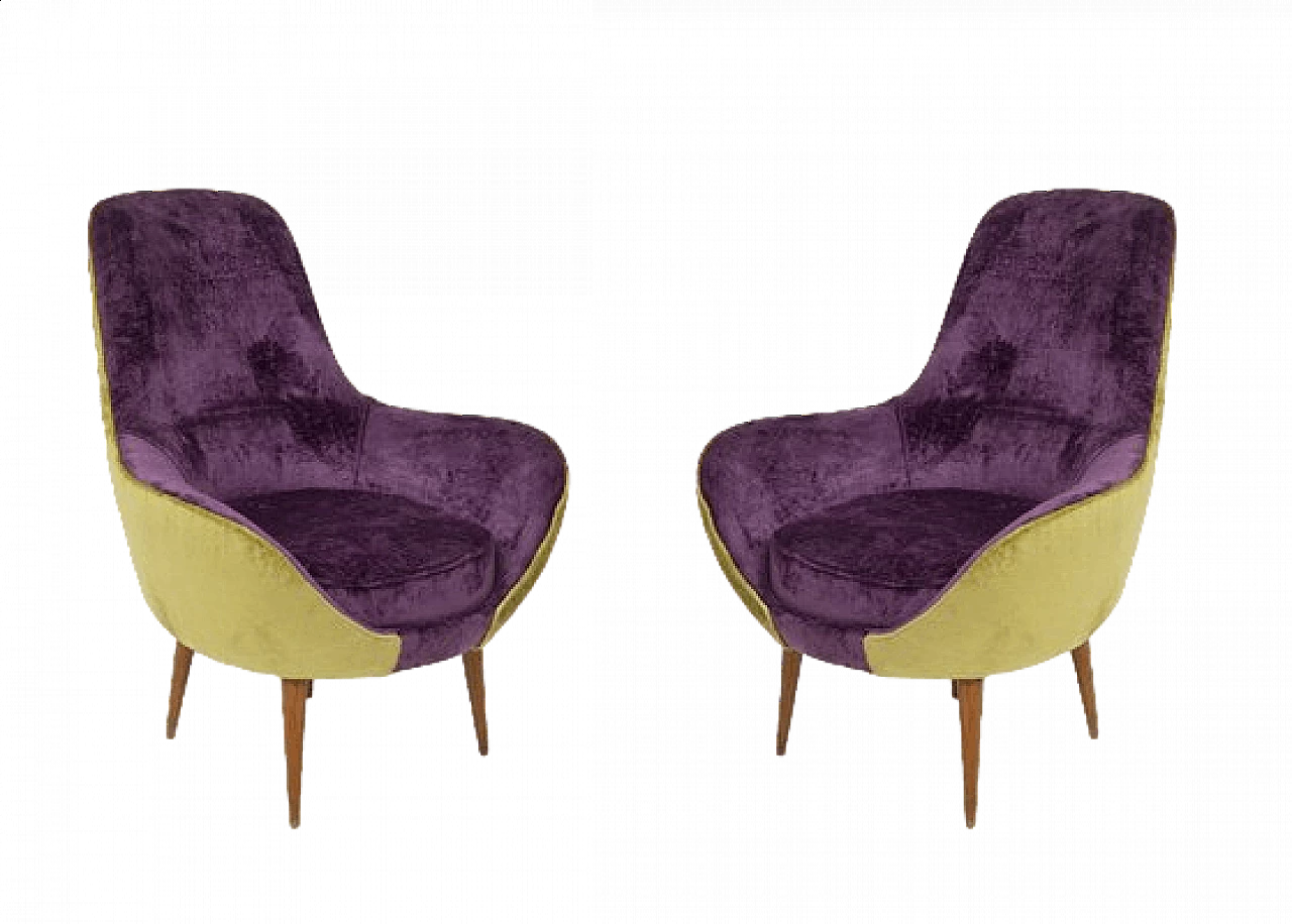 Coppia di poltrone in legno di velluto viola e verde, anni '50 11