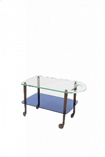 Serving trolley by Fontana Arte in blue glass and brass, 1950s