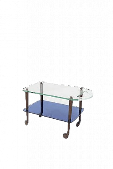 Serving trolley by Fontana Arte in blue glass and brass, 1950s
