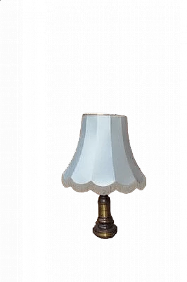 Brass and wood table lamp with fringed lampshade, 1950s