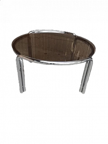 Tavolino rotondo in metallo cromato con piano in vetro, anni '60