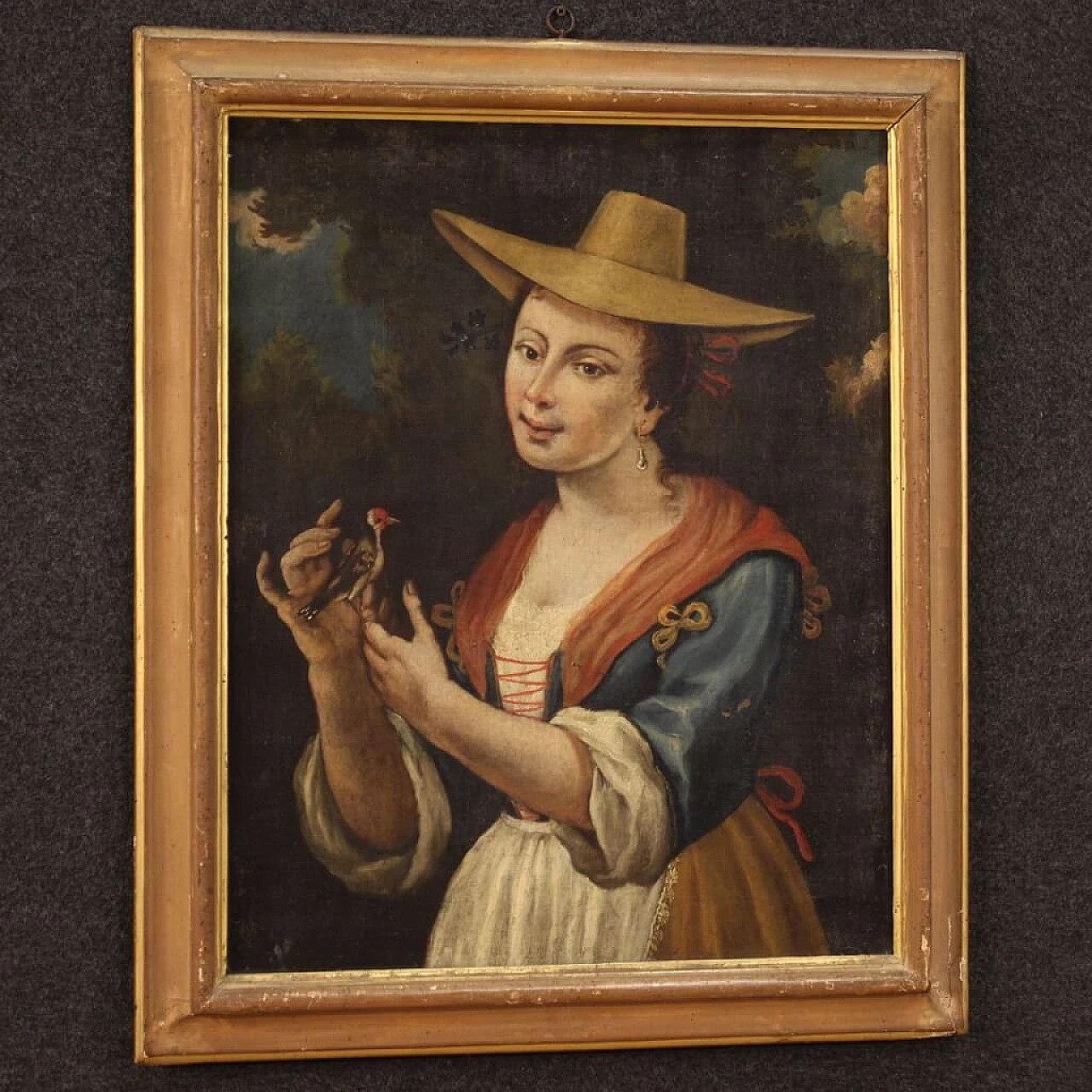 Ritratto di fanciulla con cardellino, dipinto a olio su tela, '700 2