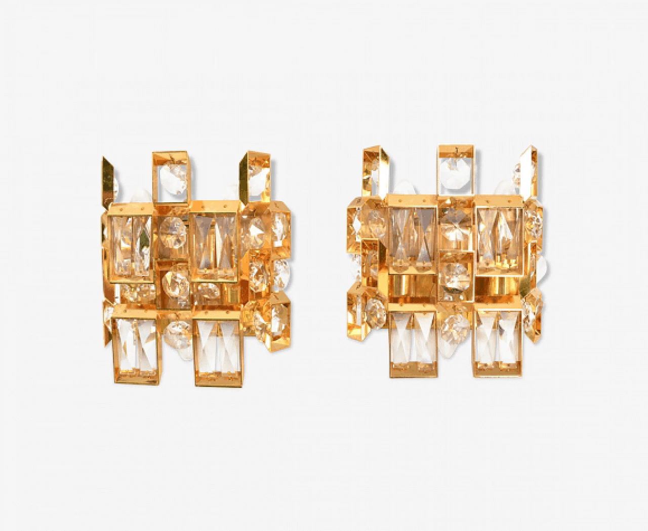 Pair of 2060 crystal and gold-plated brass wall sconces for Palwa, 1960s 2