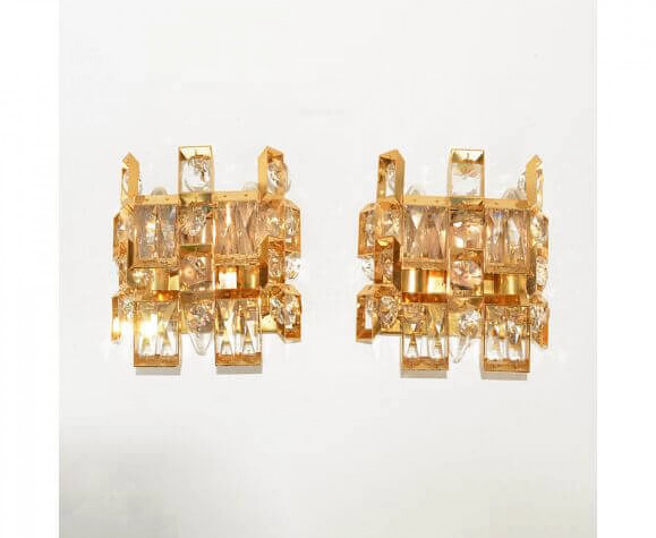 Coppia di applique 2060 in cristallo e ottone placcato oro per Palwa, anni '60 8