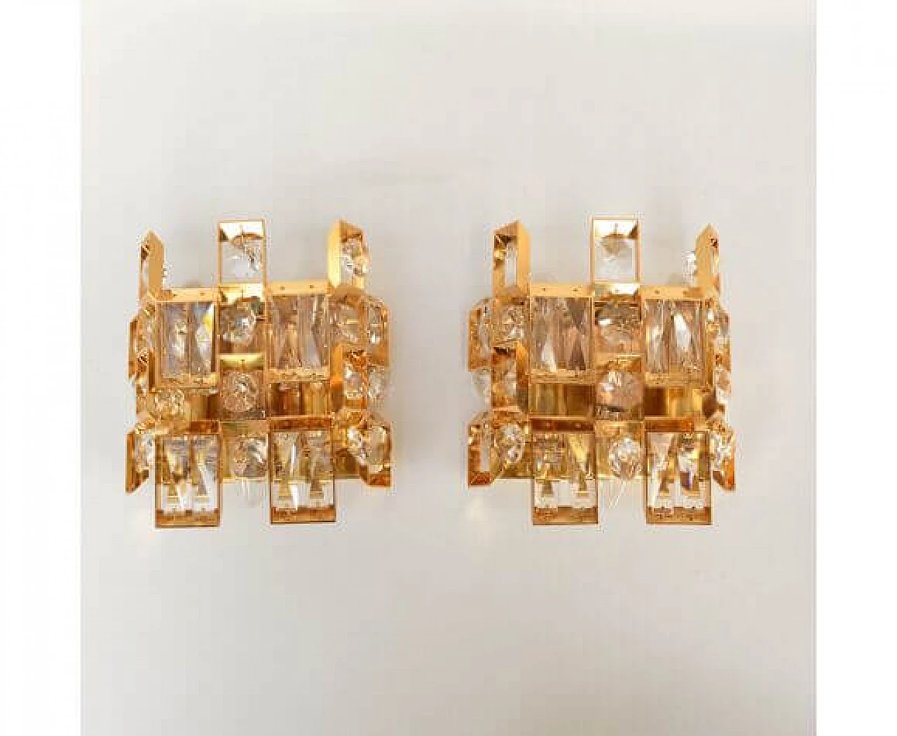 Coppia di applique 2060 in cristallo e ottone placcato oro per Palwa, anni '60 9