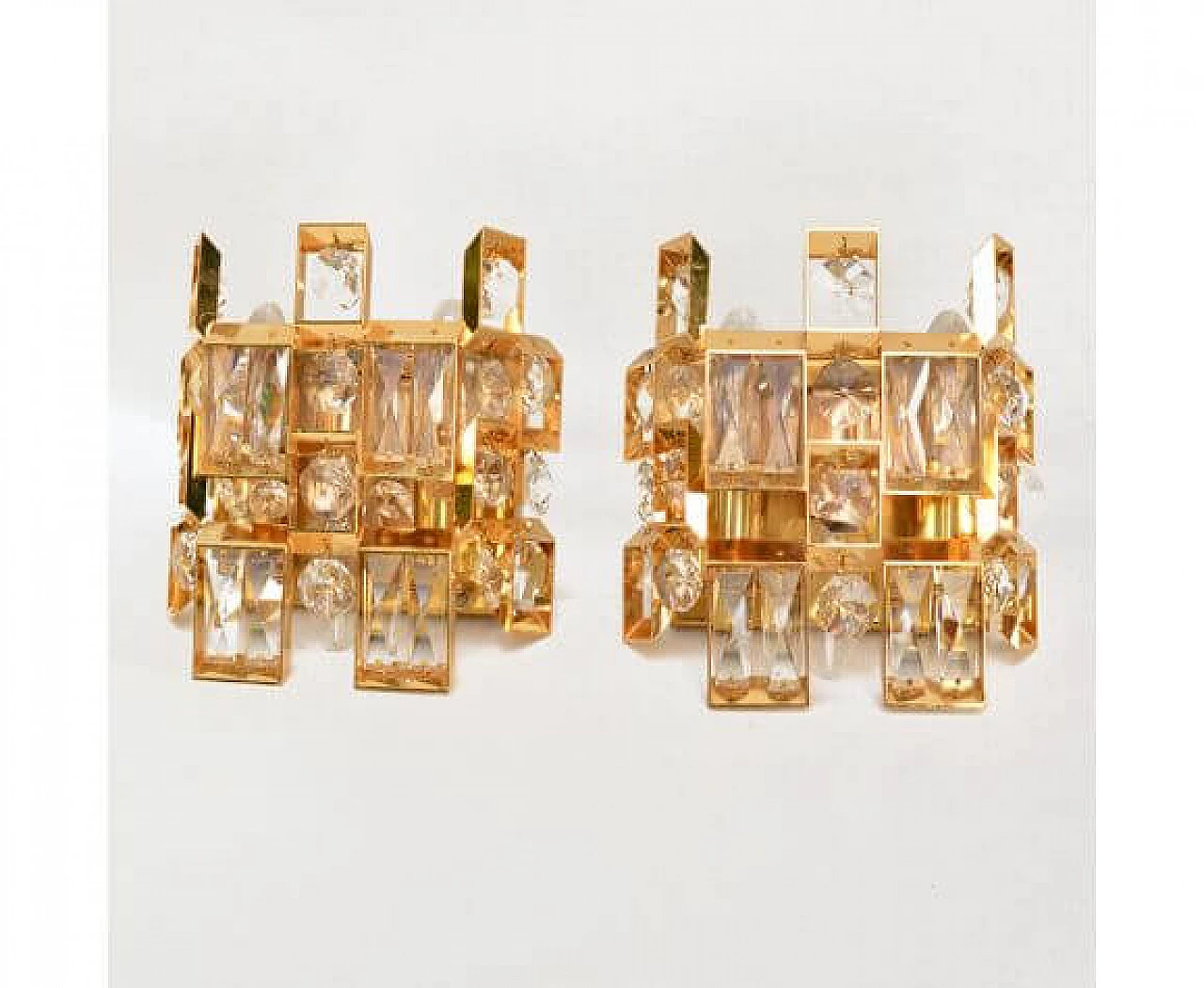 Coppia di applique 2060 in cristallo e ottone placcato oro per Palwa, anni '60 14