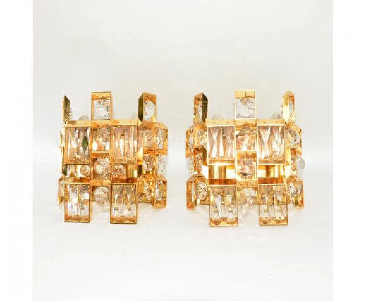 Coppia di applique 2060 in cristallo e ottone placcato oro per Palwa, anni '60 15