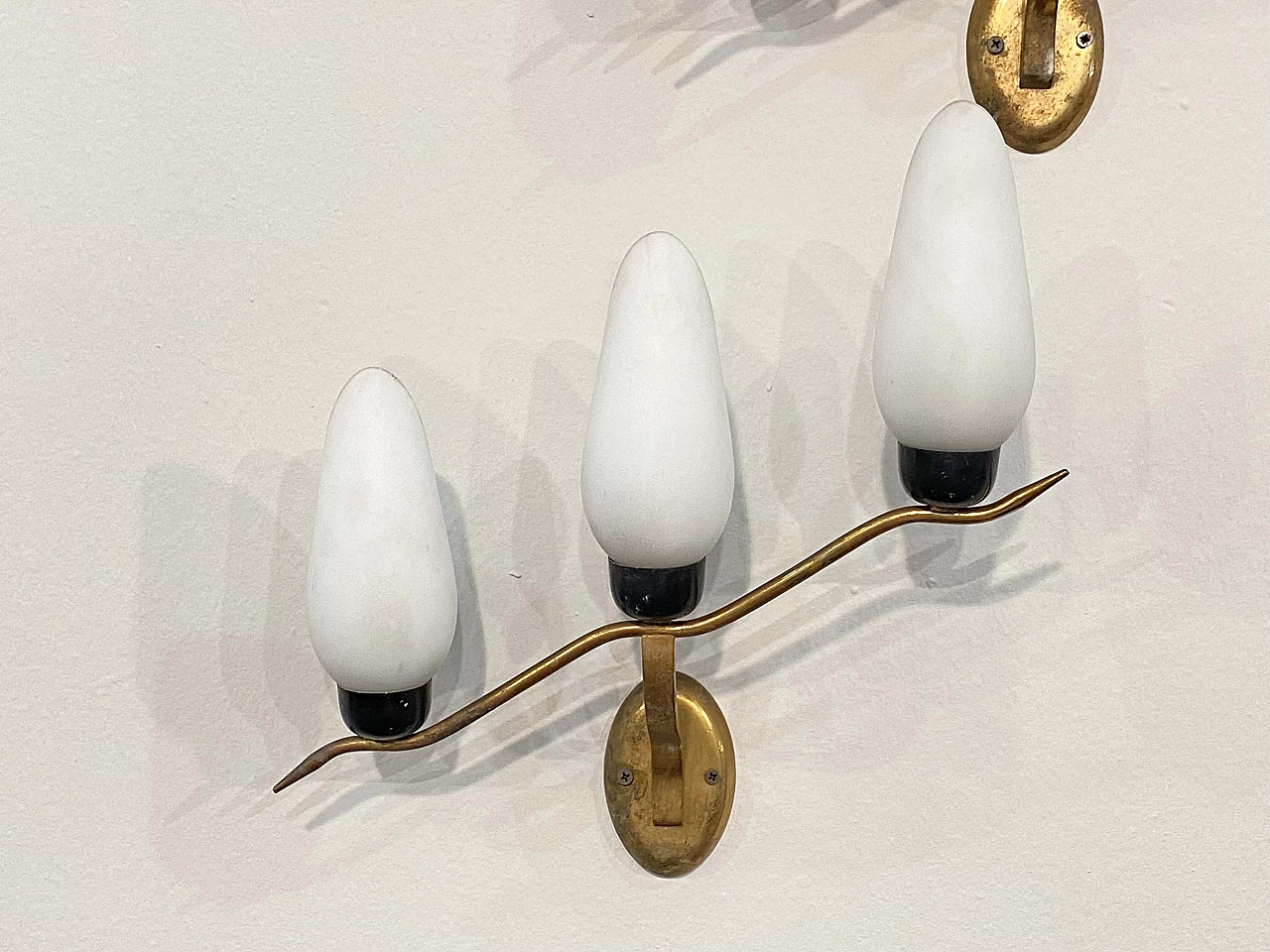 3 Wall lamps in gilded brass and opaline glass, 1960s 7