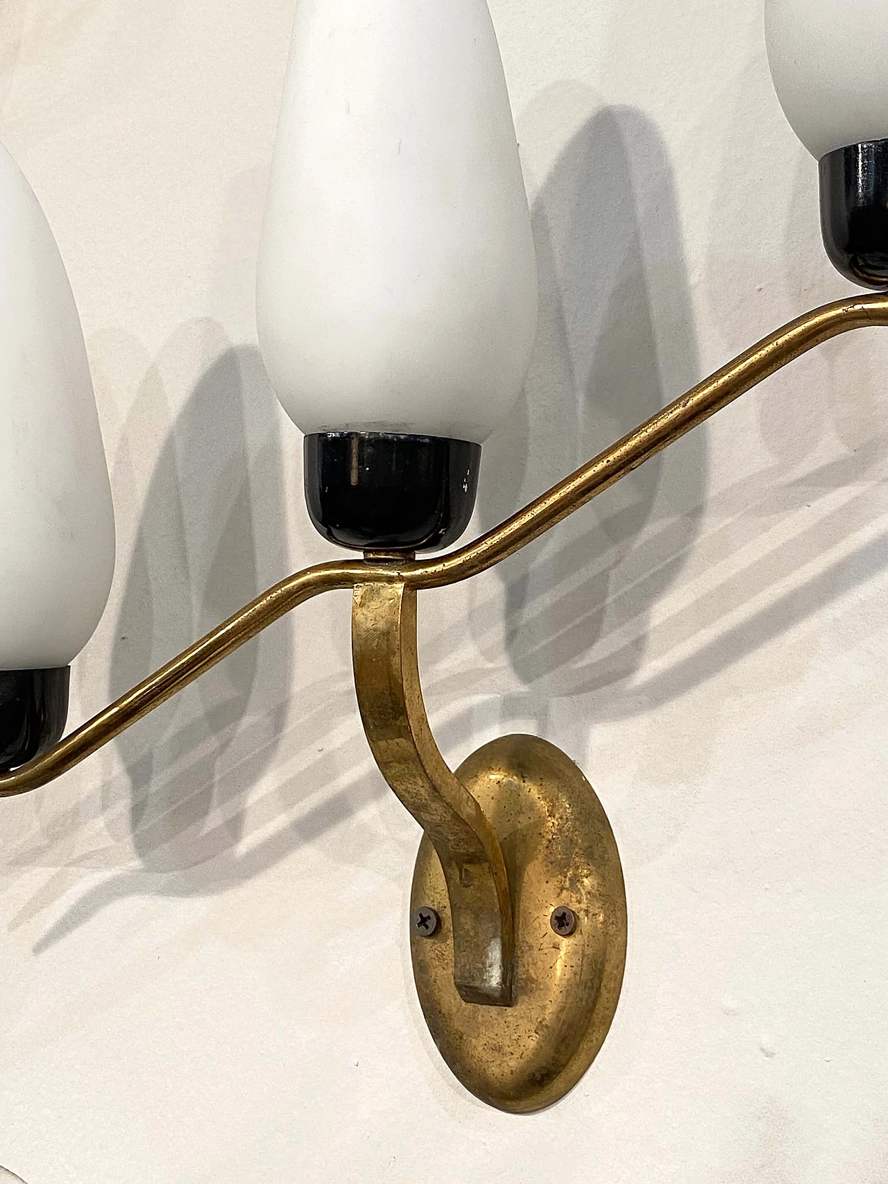 3 Wall lamps in gilded brass and opaline glass, 1960s 8