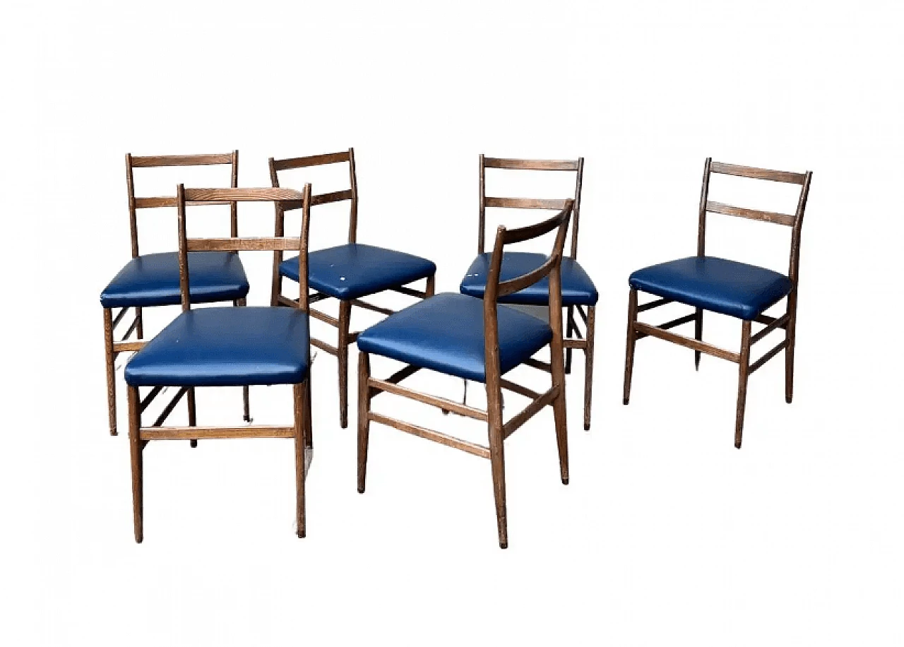 6 Leggera dining chairs in wood and leather by Gio Ponti for Cassina, 1960s 1
