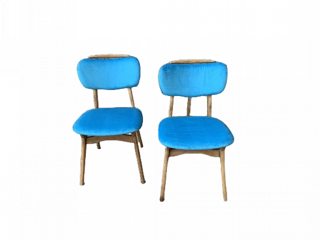 Coppia di sedie in legno e velluto azzurro, anni '60 6