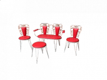 Coppia di sedie, panchina e tavolino da esterno, anni '60