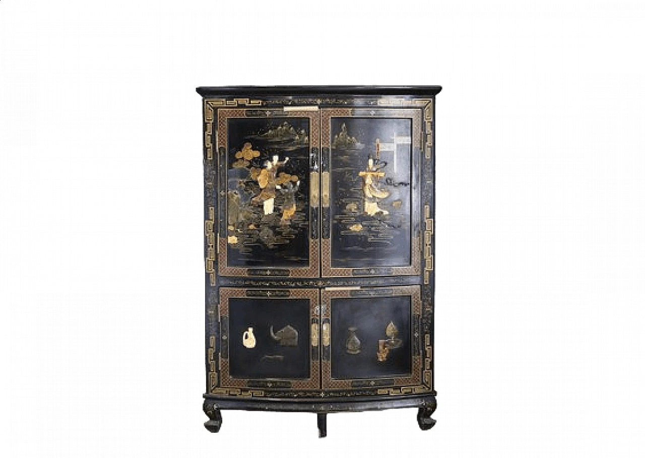 Mobiletto laccato nero con pietre semipreziose e madreperla, anni '40 9