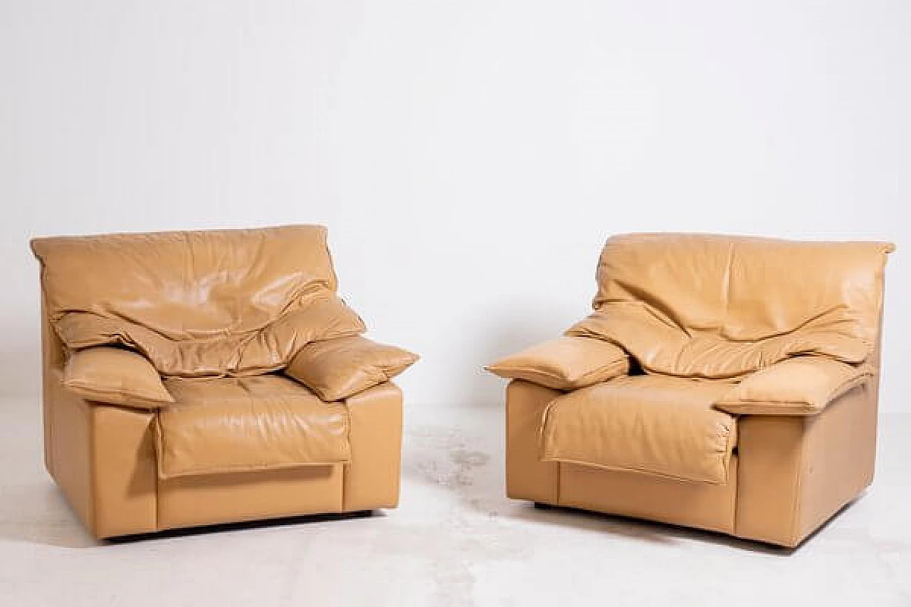 Pair of camel leather armchairs, 1970s 1