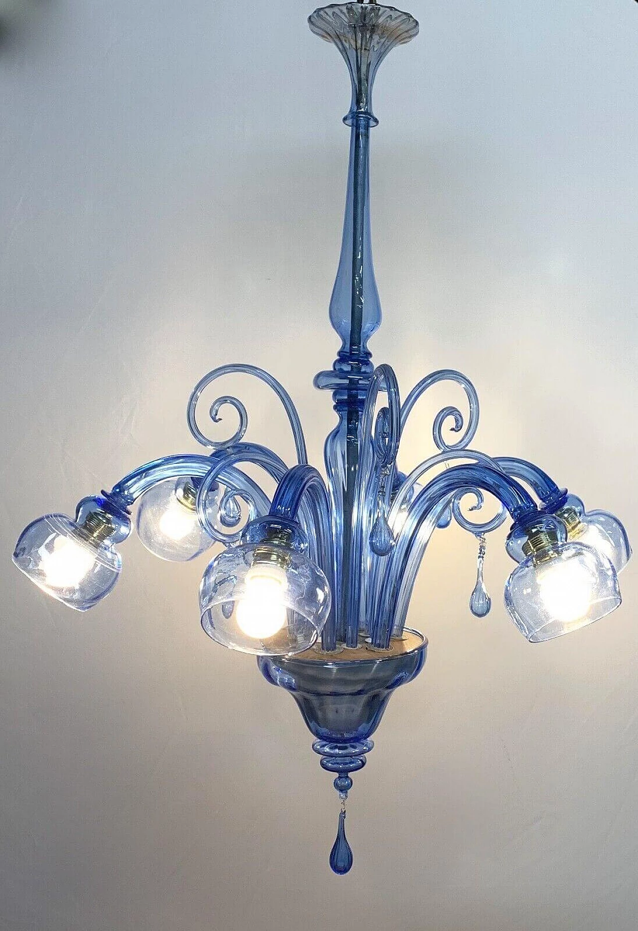 Lampadario in vetro blu attribuito a Venini, anni '30 1