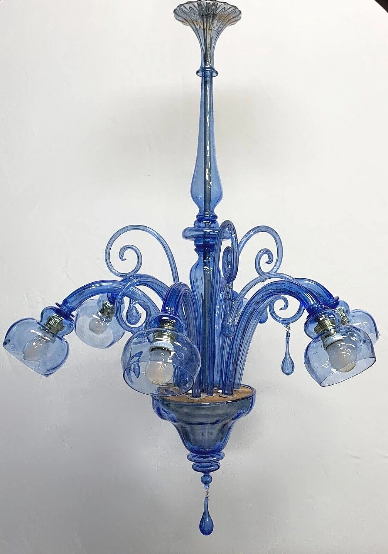 Lampadario in vetro blu attribuito a Venini, anni '30 6