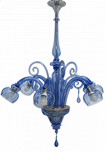 Lampadario in vetro blu attribuito a Venini, anni '30