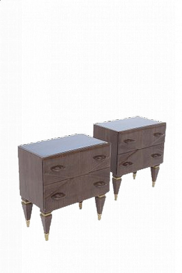Pair of wooden and blue glass bedside tables, 1950s