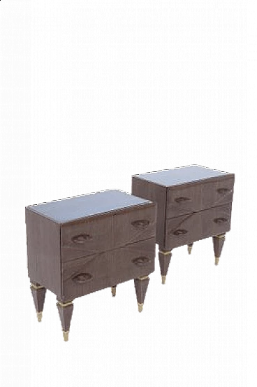 Coppia di comodini in legno e vetro blu, anni '50
