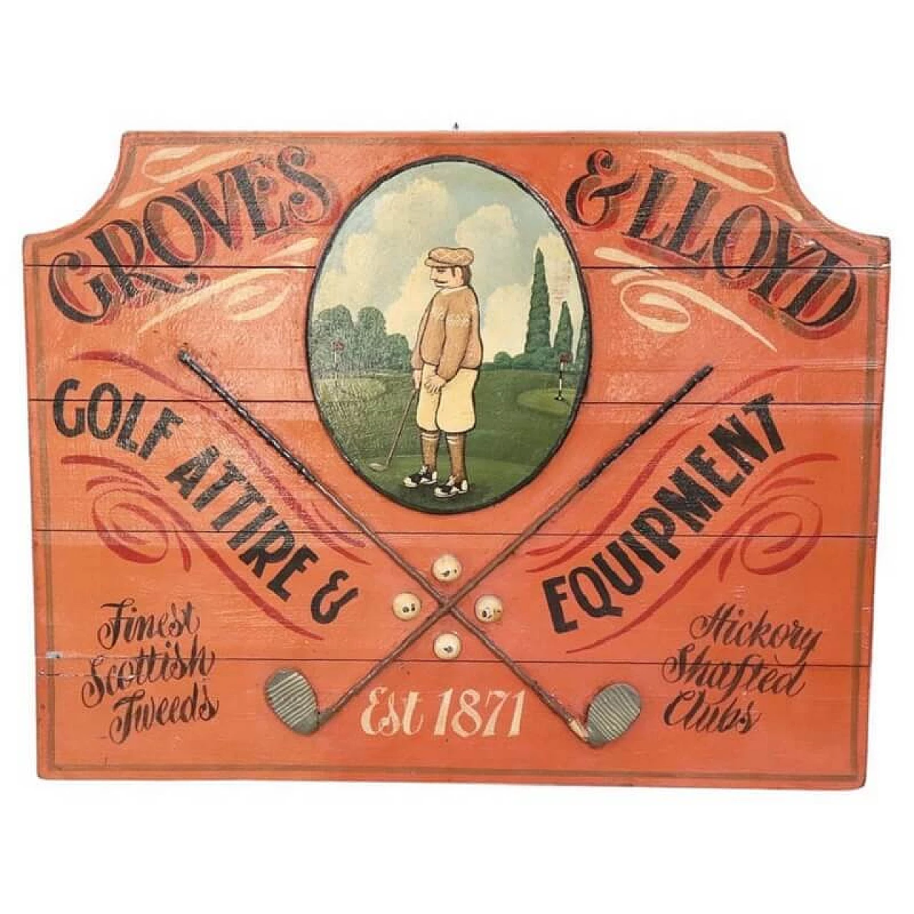 Insegna pubblicitaria per il golf dipinta a mano su legno, anni '20 1