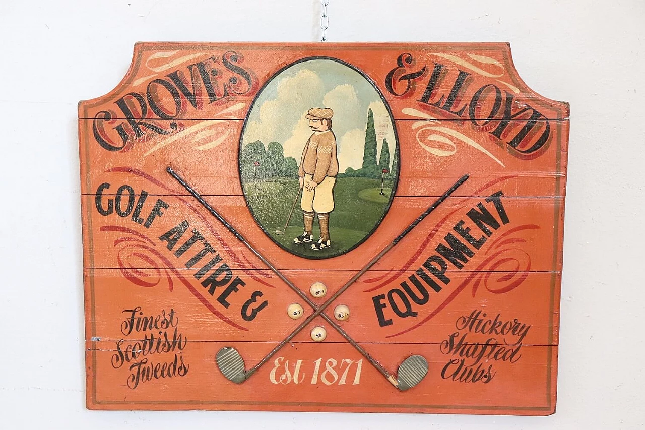Insegna pubblicitaria per il golf dipinta a mano su legno, anni '20 2