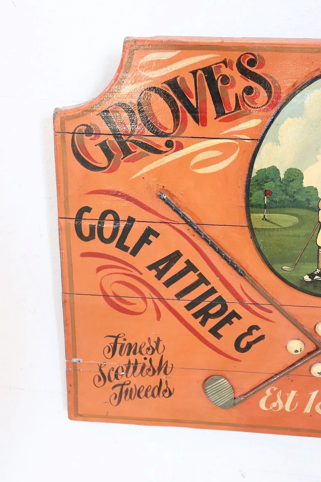Insegna pubblicitaria per il golf dipinta a mano su legno, anni '20 5