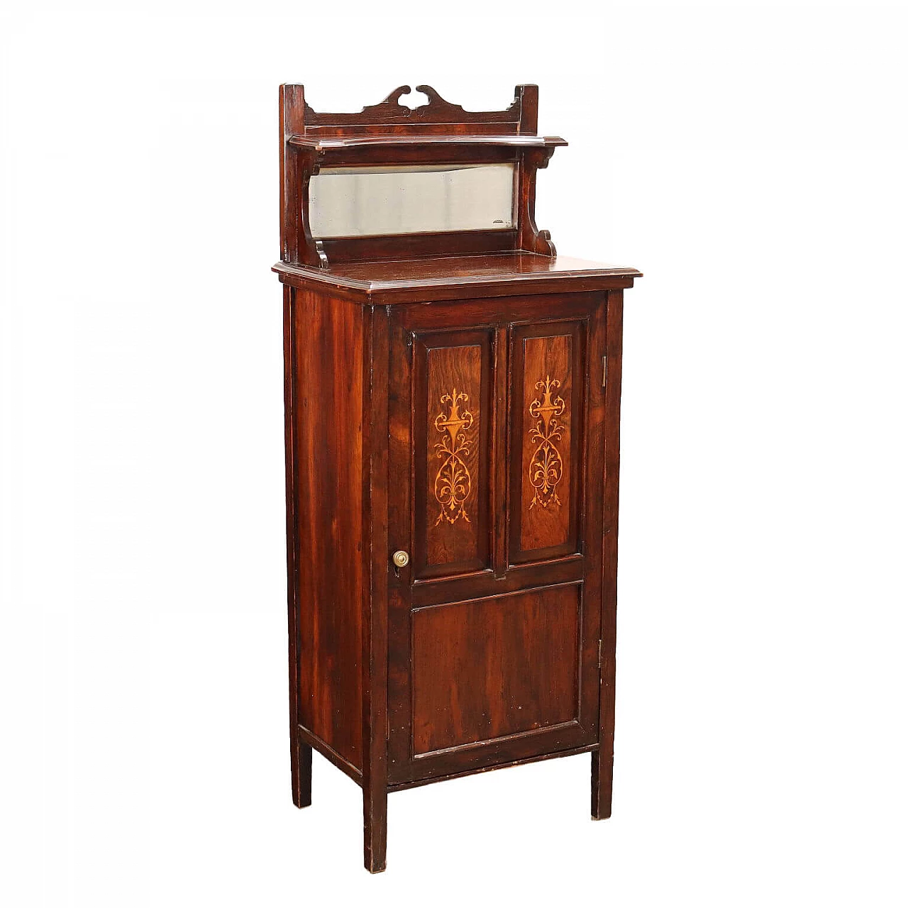 Credenza in legni esotici con mensola e specchio molato in stile, inizio '900 1