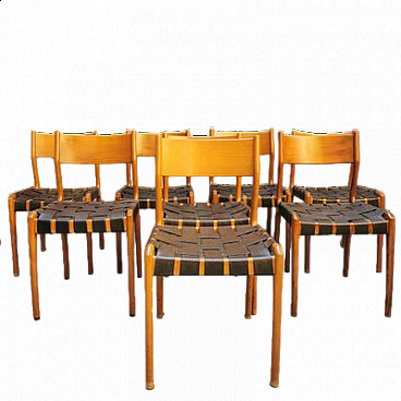 8 Chairs with black leather seats attributed to Hans J. Wegner, 1970s