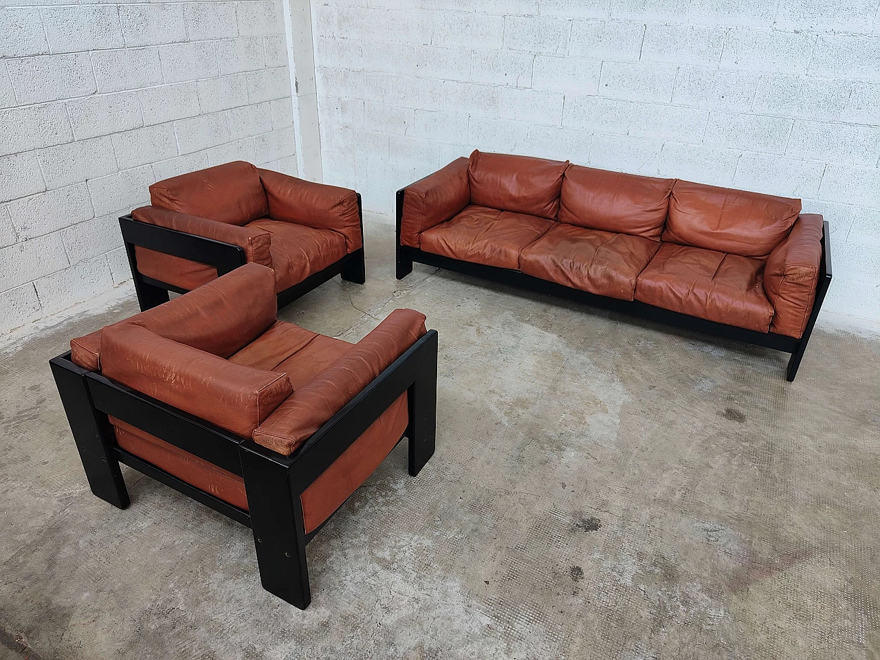 Bastiano leather sofa with 2 armchairs by Afra and Tobia Scarpa for Gavina, 1960s 1